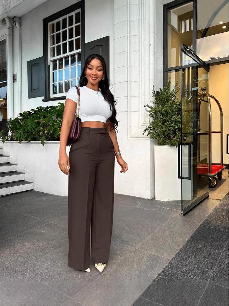 Y6012 Damskie spodnie casual z wysokim stanem, prostą nogawką i szeroką nogawką na wiosnę/jesień/zimę - Styl europejski i amerykański