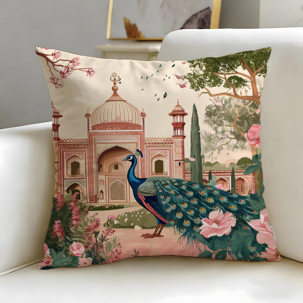 Hot Mmughal Garden with Peacocking Cushion Cover Soft EasyWash Pillow Case Versatile for Couch Bed Travel and Office
