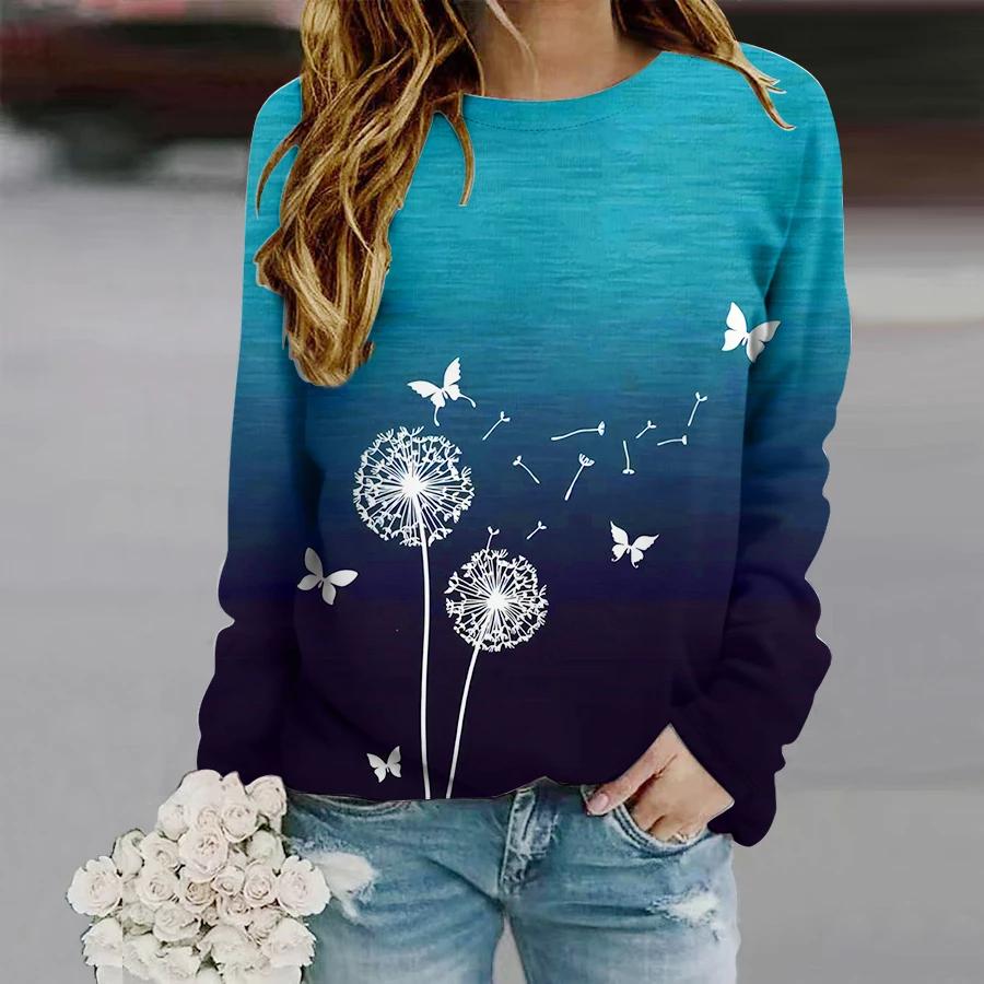

Осенние женские толстовки с 3D принтом одуванчика и длинными рукавами, модная свободная толстовка с круглым вырезом, пуловер с принтом одуванчика для девочек 6XL