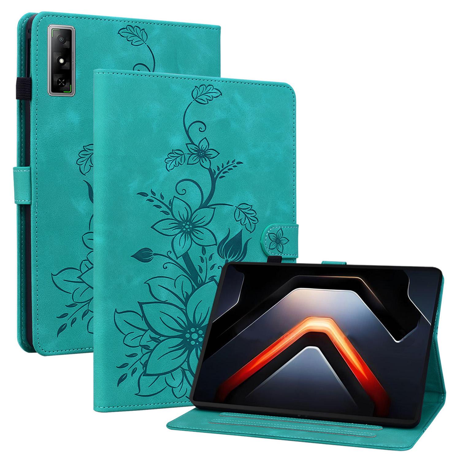

For Infinix Xpad GT Case Lily Flower Imprint Card Slots Leather Tablet Cover Green