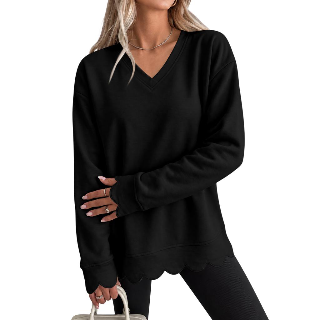 Damen-Sweatshirt mit Muschelsaum und Wellensaum, Rundhalsausschnitt, Lockere Passform, Drop-Shoulder-Ärmel, Pullover-Top für Freizeitkleidung