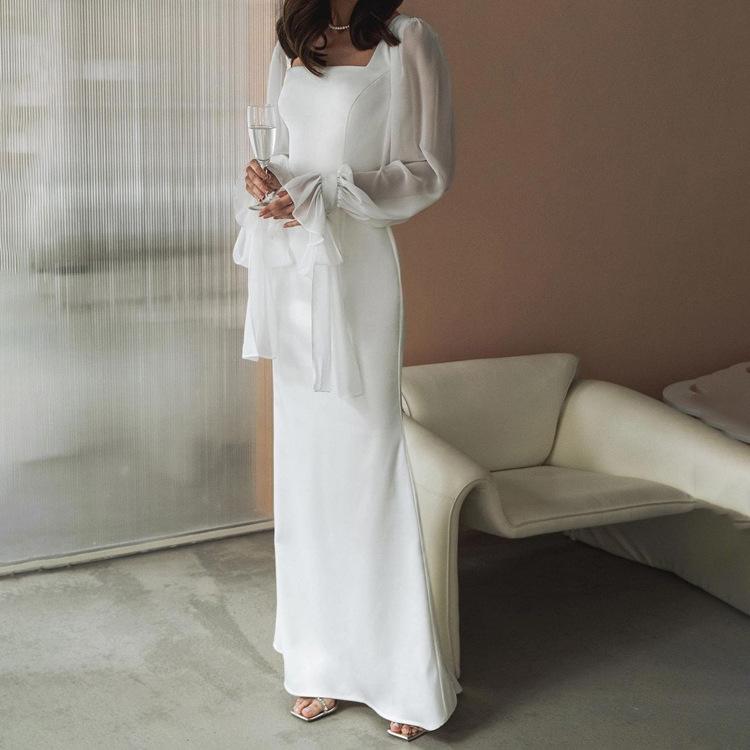Women's Solid Sheer Mesh Flare Sleeve Square Neck High Waist Mermaid Maxi Dress Evening Party Gown