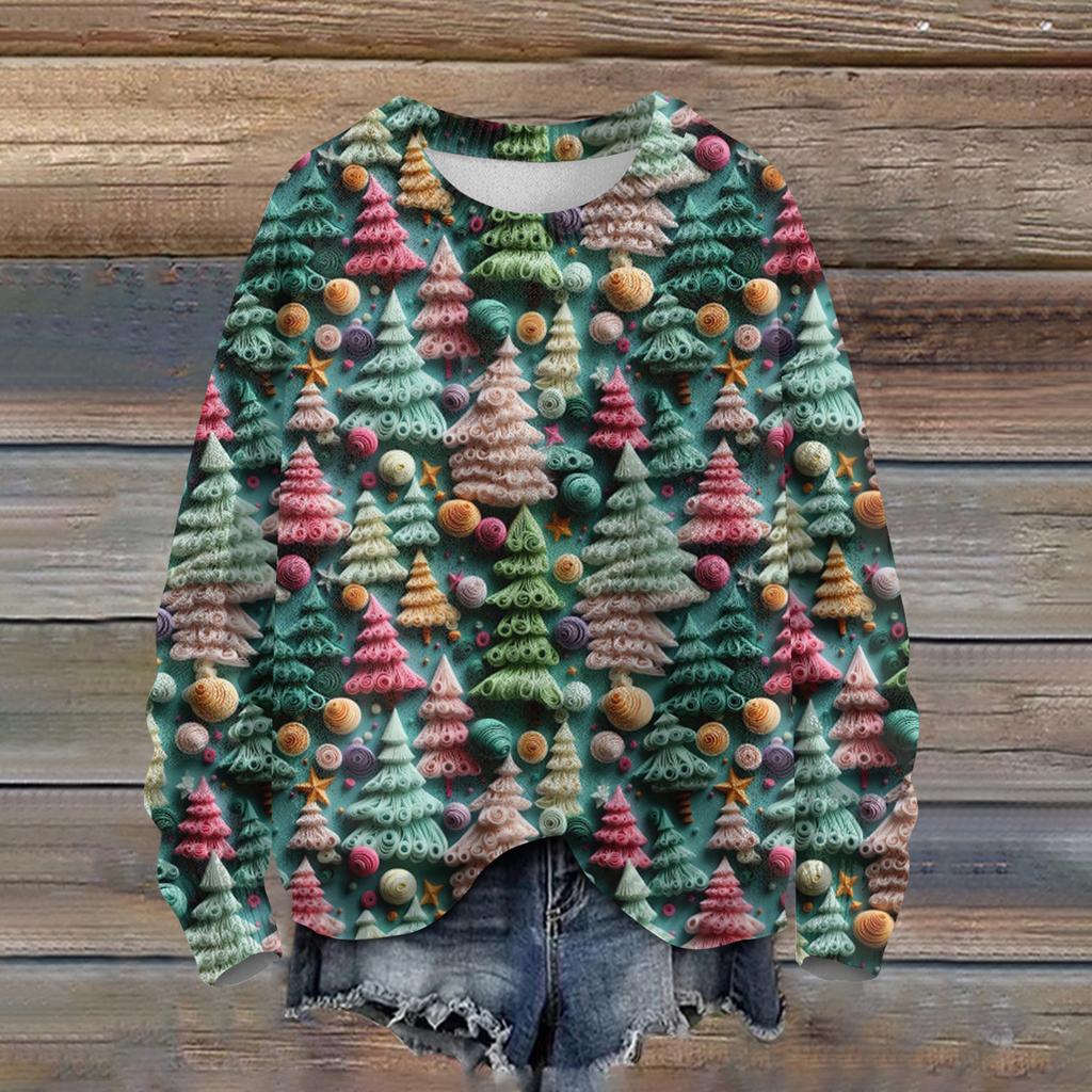 Ladies' Fashionable Casual Long Sleeved Christmas Printed Round Neck Knitted Yarn
