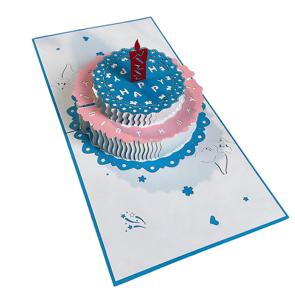 

Creative 3D Pop-Up Happy Birthday Card 2-Layer Birthday Cake Hollowed Out Flowers Greeting Card with Envelope Foldable Gift Card синій