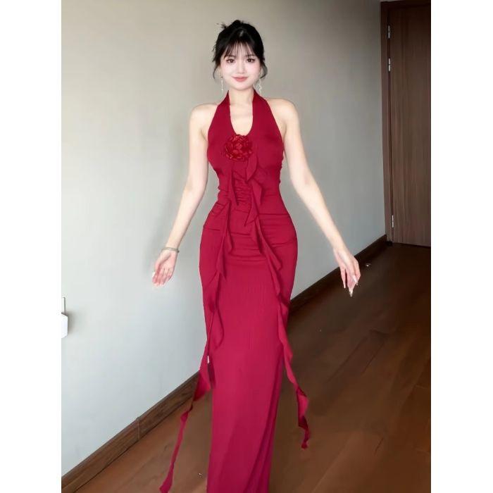 

French summer temperament new celebrity red flower thin dress slim dress waist skirt women S красный
