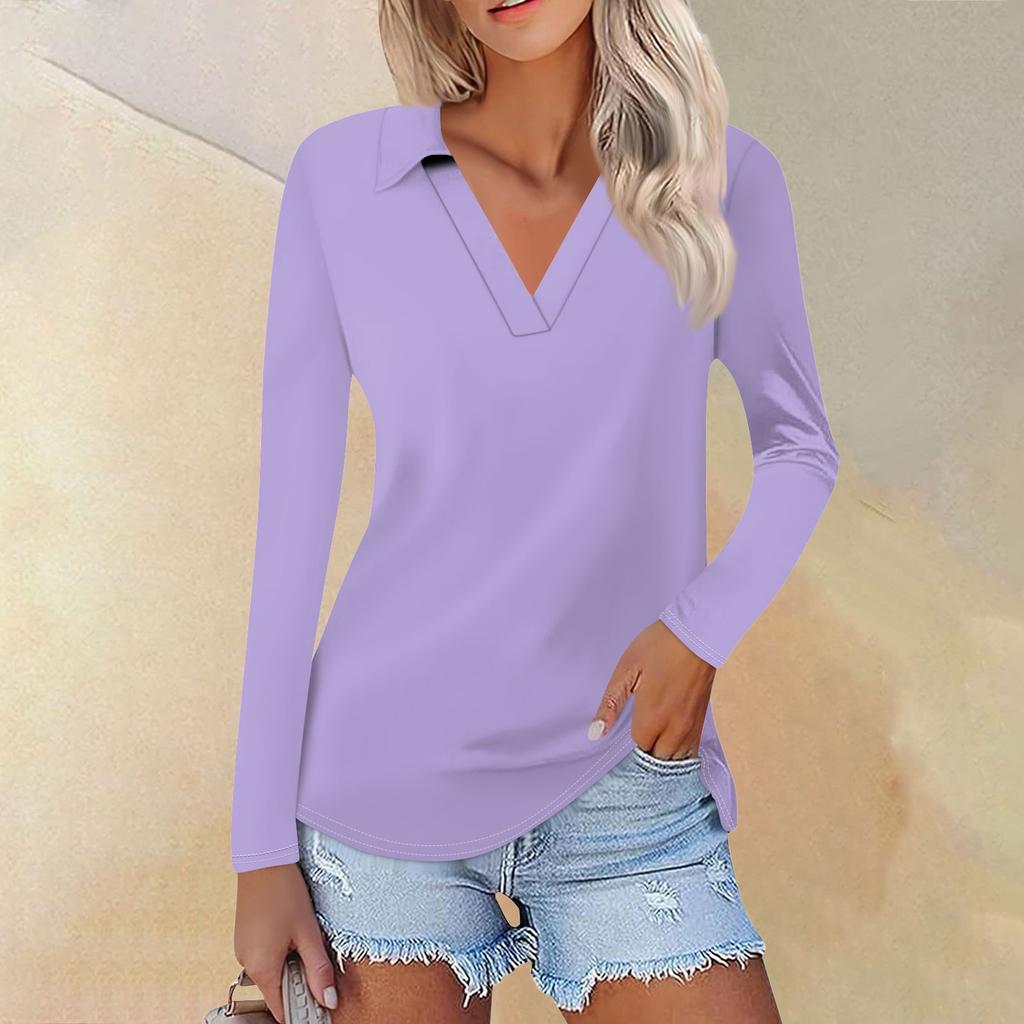 Women's Summer Fashion Casual Solid Color Printed V-Neck Long Sleeve Shirt Top