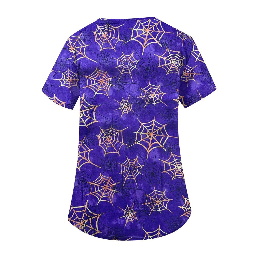 Dámské roztomilé potištěné pracovní oblečení Výstřih do V Dvouvrstvé kapsy Základní top s krátkým rukávem Pulovr