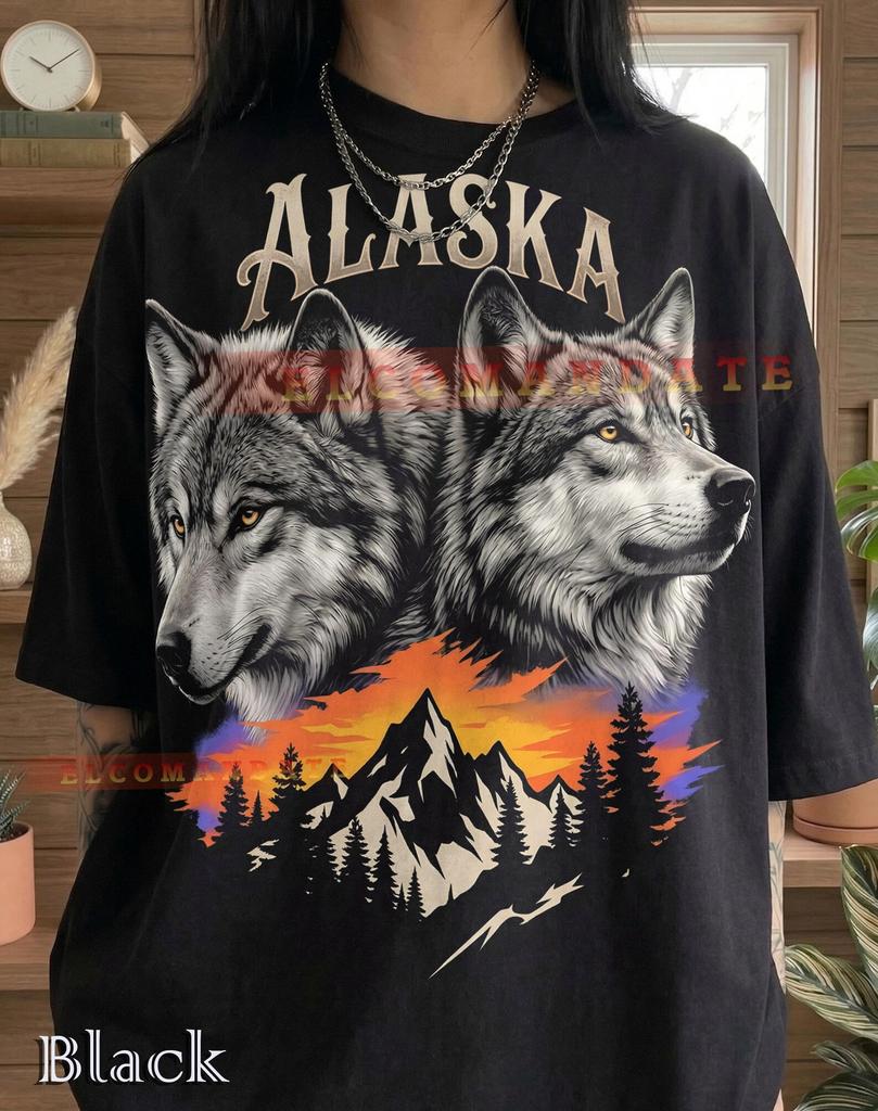 Alaska Wolves Mountain Landscape Comfort Colors® Tshirt, Pine Forest Sunset Wildlife Nature Animal Lover Vintage Bootleg Faded Tee
