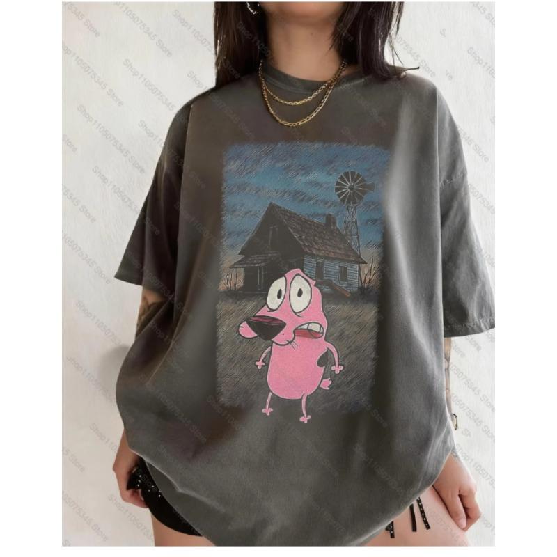 

Vintage Courage The Dog Cartoon Print Short Sleeve TShirt Retro Unisex Graphic Tee 90s Nostalgia Summer Streetwear Tee S