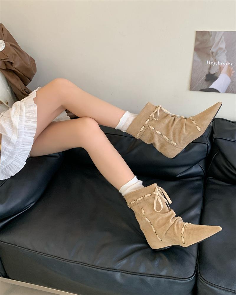 

Плиссированные остроносые ботинки челси плоские ремешки 2025 осень и зима новые ретро нишевые майяр западные ковбойские ботинки 39 хаки