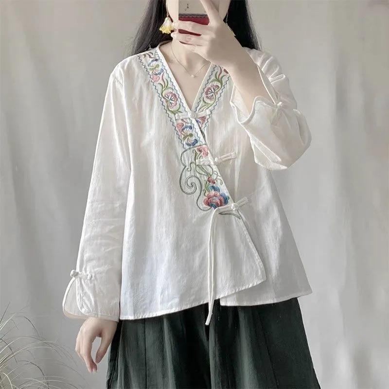 Women's White Cheongsam-Style Blouse with Embroidery V-Neck Long Sleeve Casual Top