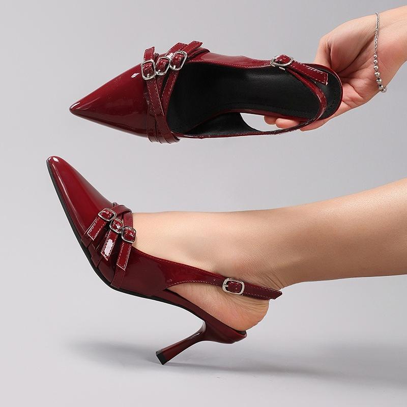 Marque de Mode Design Automne Talons Hauts Chaussures de Ville Femmes Cuir Verni Sangle à Boucle Métallique Grande Taille Escarpins Slingback Banquet Femme