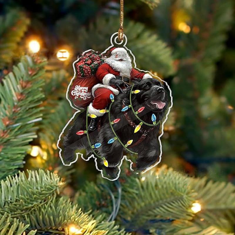 2026 Santa Claus And His Funny Dog Ornament 2D Flat Acrylic Pendant Christmas Decoration For Home Xmas Tree  Year Kerst