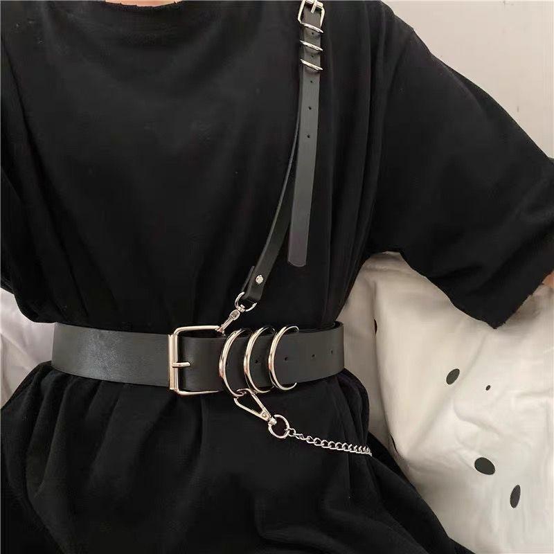 Korean Punk Style Detachable Chain Belt Men Women Belt Black Pu Leather Harness Chain Belt Goth Corset Waist Belt Accessories