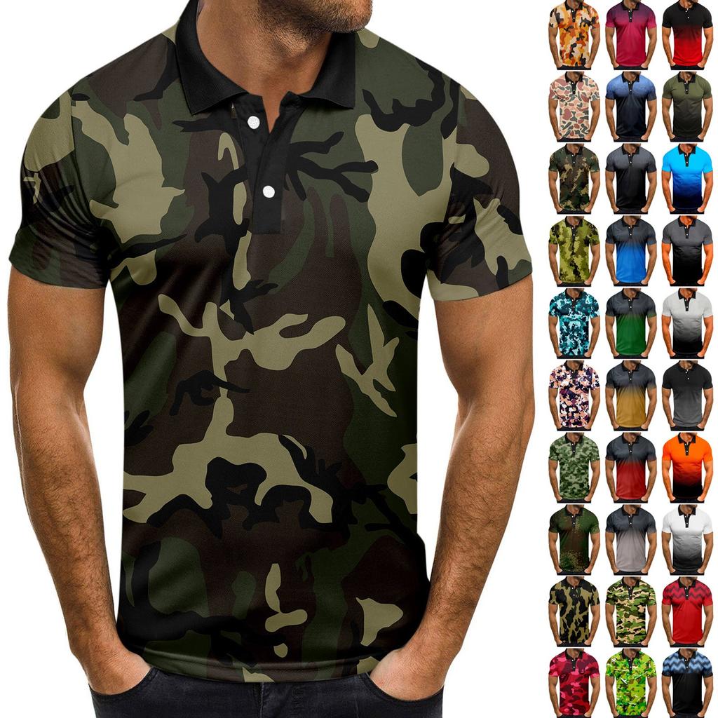 Men's Fashion Casual Short Sleeve Camouflage Printed Lapel T-Shirt Tops