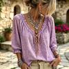 Women's Casual Vacation Floral Deep V-Neck Three-Quarter Sleeve Blouse with Puff Ruffle Cuffs