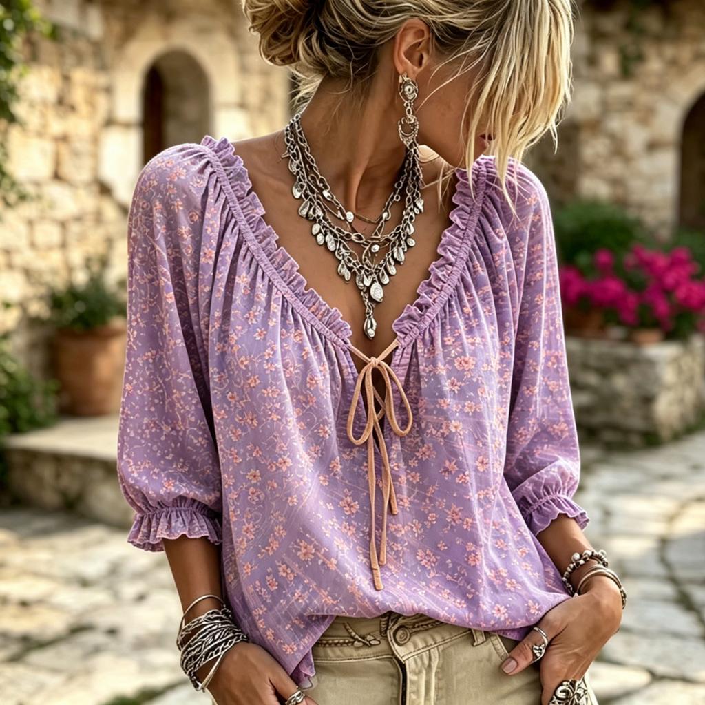 Women's Casual Vacation Floral Deep V-Neck Three-Quarter Sleeve Blouse with Puff Ruffle Cuffs