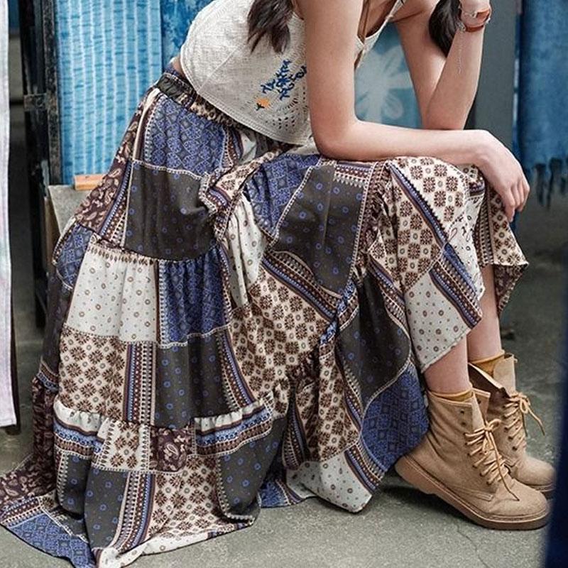 Spring and Autumn Retro Bohemian Style High Waist Skirt Beach Skirt