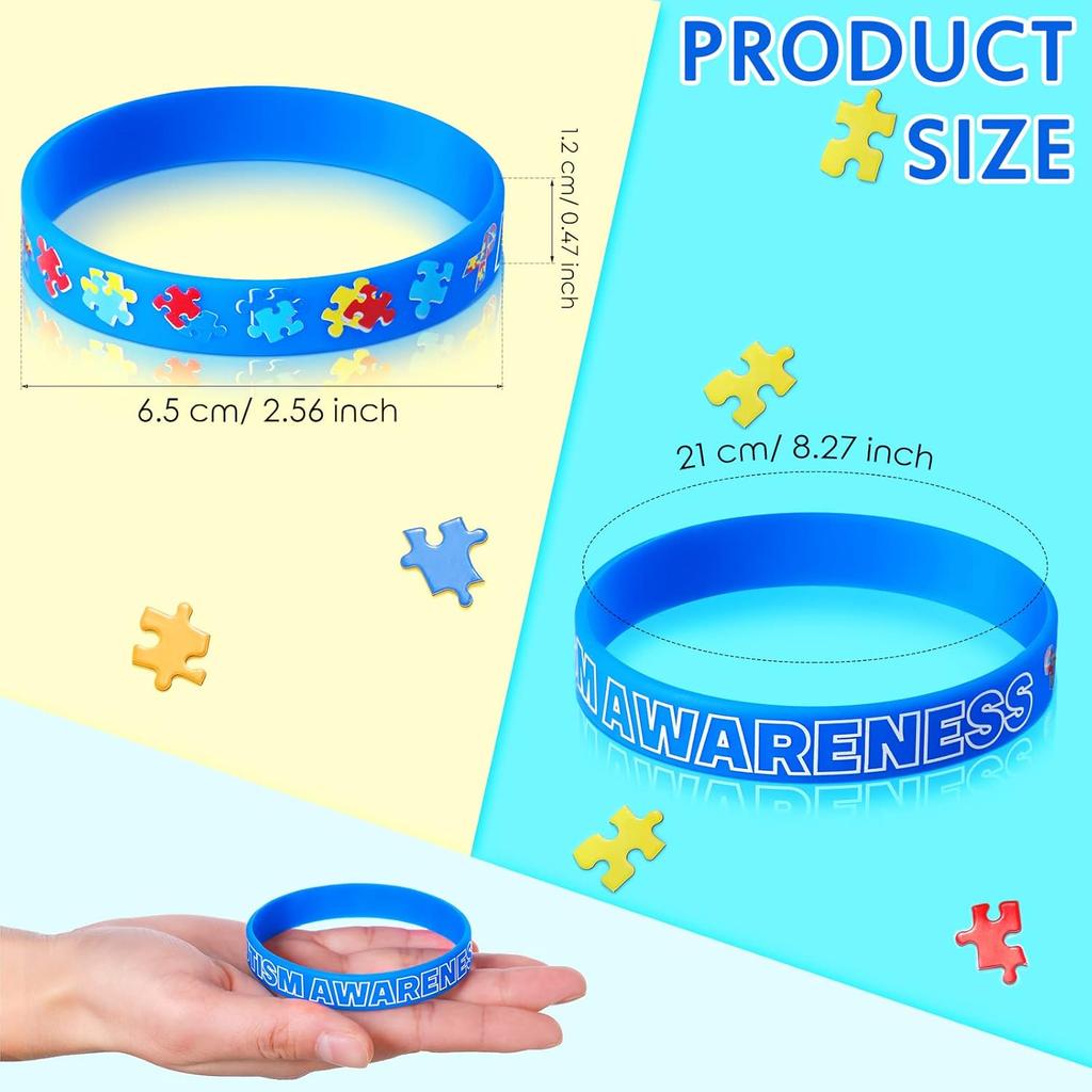 MTLEE 96 Pack Autism Bracelet Colorful Puzzle Pieces Ribbons Motivational Rubber Wristbands Autism Awareness Silicone Bracelets for Men Women Party