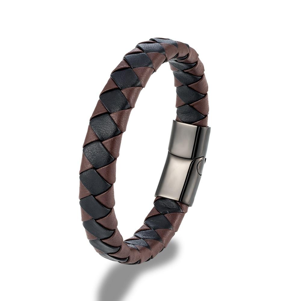 Titanium Steel Men'S Multi-Strand Leather Woven Bracelet, Personalized Retro Ethnic Style Stainless Steel Magnetic Buckle Bracelet
