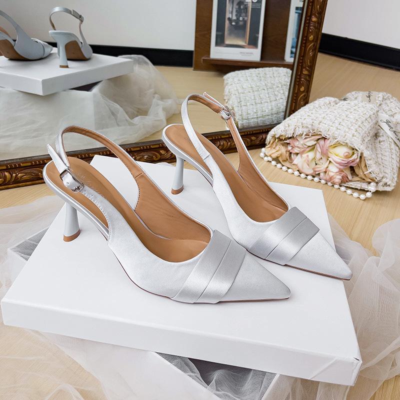 Pointed silver high heels women's stiletto 2025 new summer large size bag head sandals French temperament empty single shoes