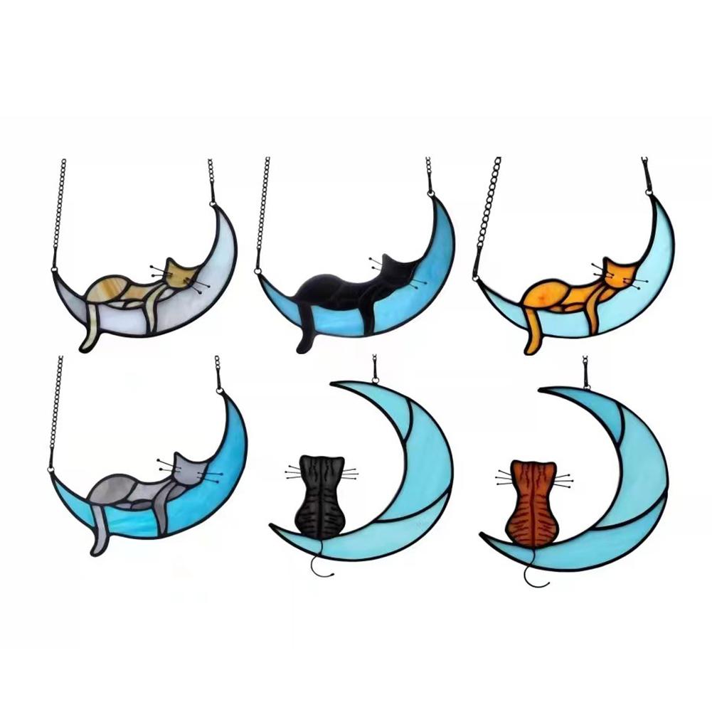 Colorful Cat In Moon Ornament Window Hangings Cat Memorial Gifts Windows Cars Decoration For Cat Lovers