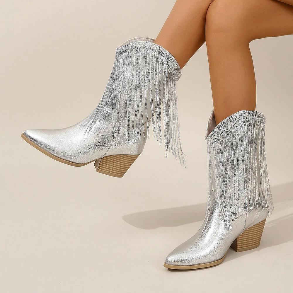 Women's Fringed Cowgirl Boots Concert Western Boot 2025 Spring Summer Vintage Cowboy Boots for Women Pointed Toe Mid-calf Boots