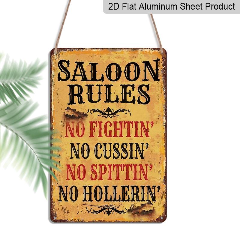 2D Flat Vintage Saloon Rules Sign Vintage Retro Wild West Aluminium Metal Sign Saloon Rules No Fightin Cussin Spittin Hollerin Decor 20*30cm