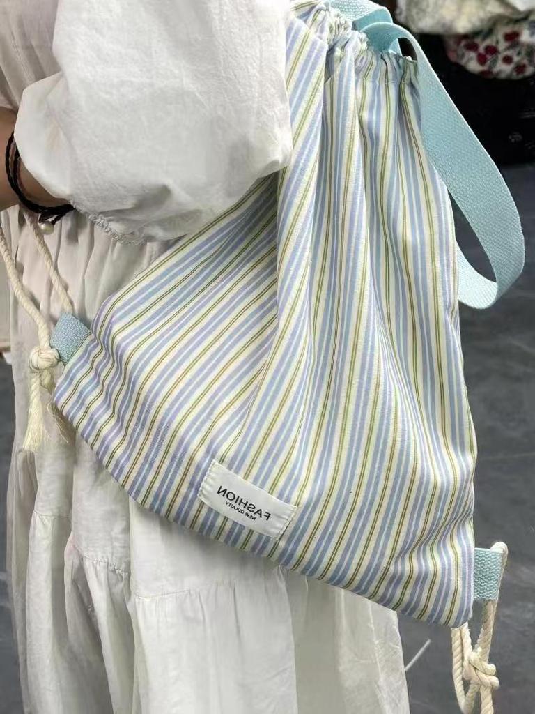 Striped Canvas Drawstring Backpack - 2025 Casual Commuter with Large Capacity & Single Shoulder Strap