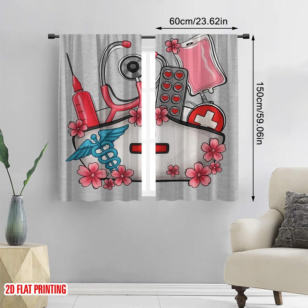 2pcs,2D Plane Printing Popular Curtain Panels Nurses Bouquet 100% Polyester (without Rod) Festive for Living Room, Bedroom,