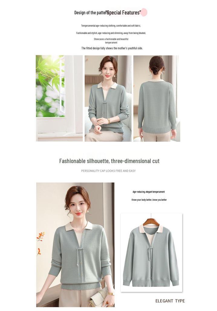 Elegant Spring-Autumn Faux Two-Piece Knit Top for Young, Middle-Aged, and Elderly Women