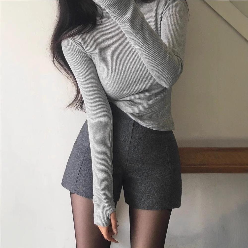 Women's Slimming Woolen High-Waist Gray Shorts - Korean Style Winter 2024 Hip-Wrapping Booty Base Layer