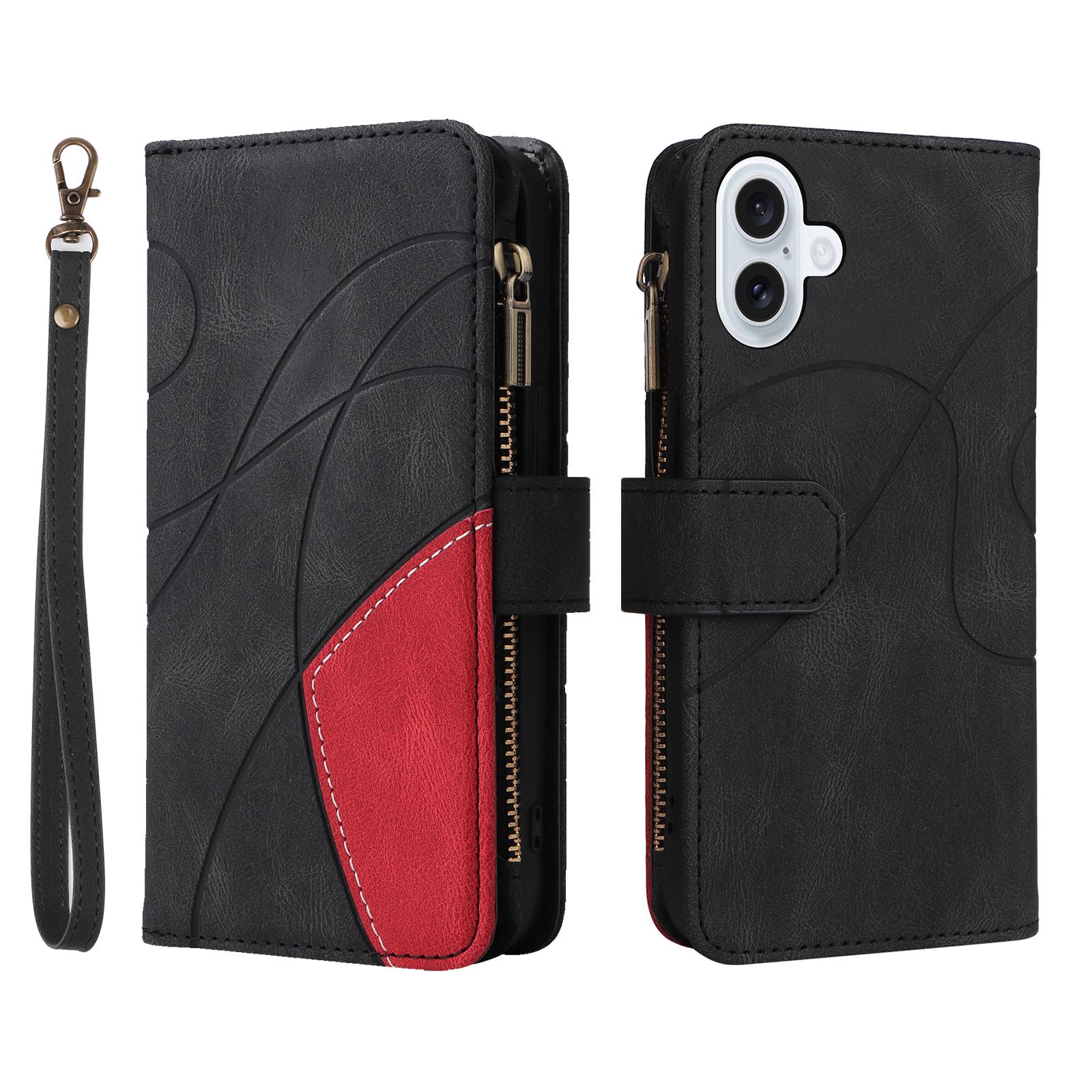

For iPhone 17 Leather Case with Strap Zipper 9 Card Slot Phone Cover Stand Black