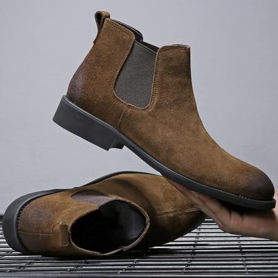 Fashion Winter Men Chelsea Boots Brown Slip-On Cow Leather Trend Man Leisure Ankle Boots Black High Top Casual Shoes896