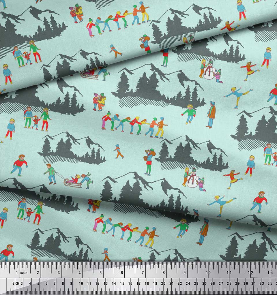 Soimoi Šedá japonská krepová saténová látka Lidé, Sáně a Hory Sváteční dekorační látka Tištěný metr 42 palců