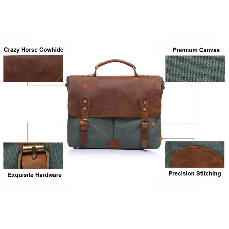 Vintage Leather & Canvas Briefcase for Men, Business Office Portfolio Bag, Document Tote Attache Case