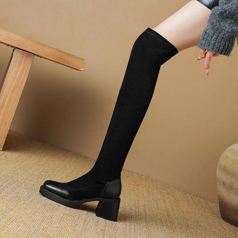 Autumn and winter suede over-knee women's boots high-heeled sleeve large-size leather shoes square heel Korean version square head thick-soled non-sl