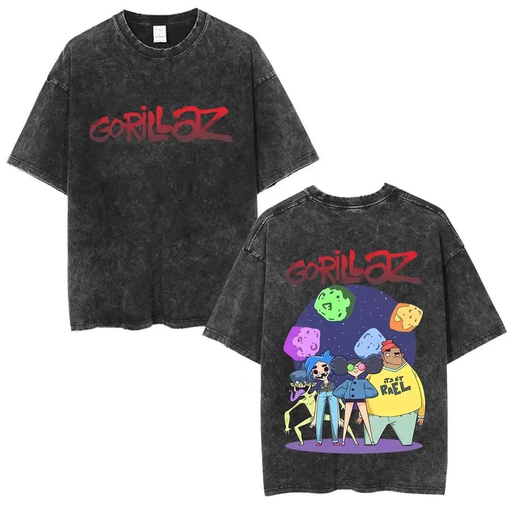 British Classic Virtual Band Gorillaz Poster Tshirt Men Women Streetwear Hip Hop Vintage Washed Cotton Top Oversized Summer Tee