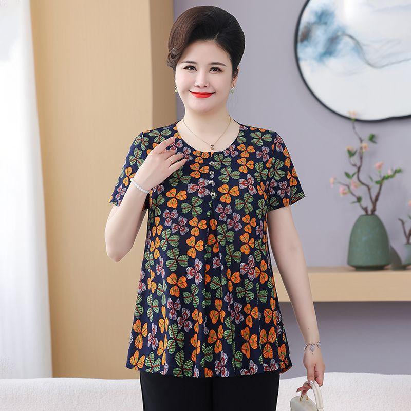 Mom's Short Sleeve Middle-aged and Elderly Summer New Style Plus Size T-shirt Oversized Top Loose Versatile Blouse