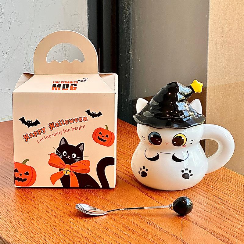 Halloween Magic Hat Cat Water Cup Ceramic Mug with Lid for Girl Girlfriend Birthday Gift Gift Box