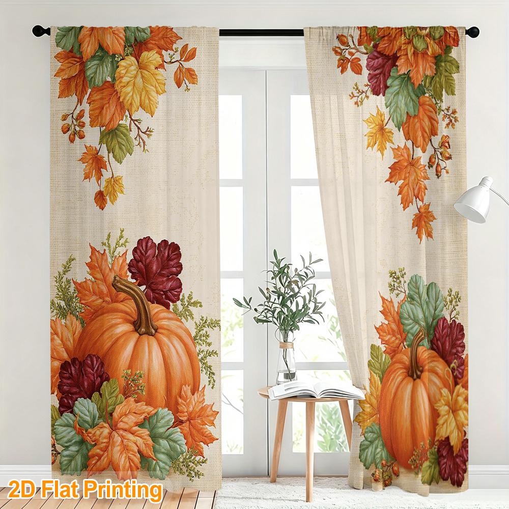 2PCS Thanksgiving Fall Curtains, Pumpkin Maple Leaf, Digital Print, Bedroom Living Room, Office, Bathroom, Dining Room
