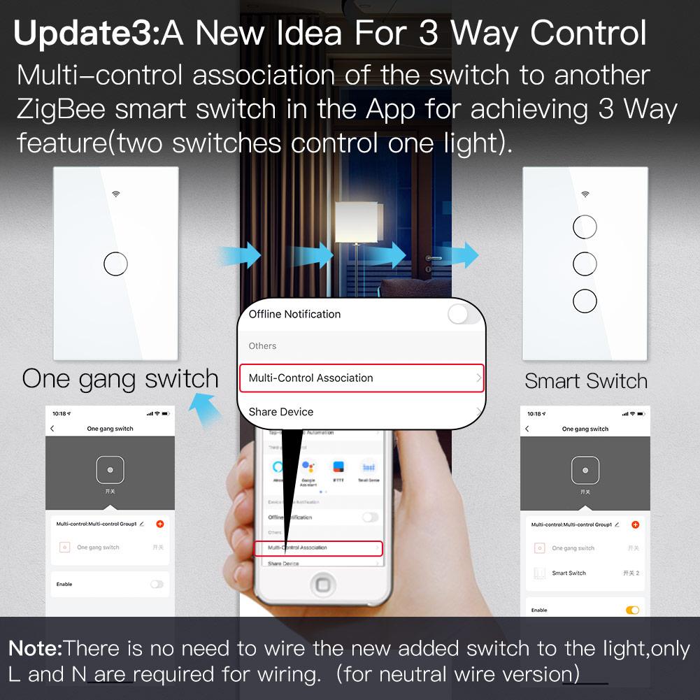 ZigBee Wall Touch Smart Light Switch with Neutral Wire/No Neutral Wire,No Capacitor Needed Smart LifeTuya 2/3 Way Muilti-Control