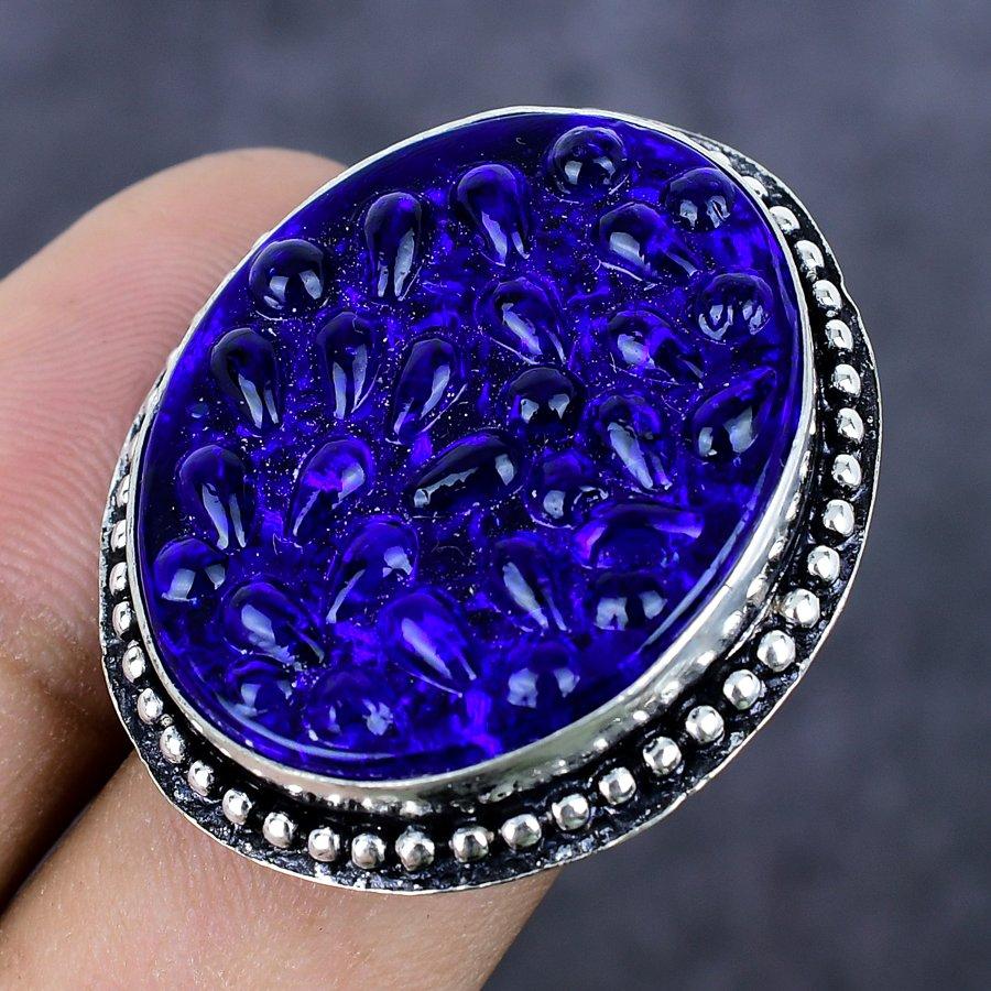 Blue Moldavite Quartz Gemstone Handmade 925 Sterling Silver Ring Size 8 U8e31