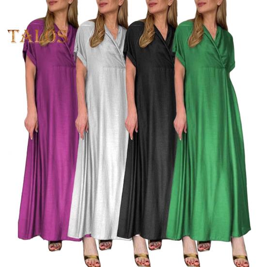 Spring Women Dress V Neck Short Sleeve Loose A-line Pure Color Ankle Length Maxi Dress Pleated Prom Party Dating Dress