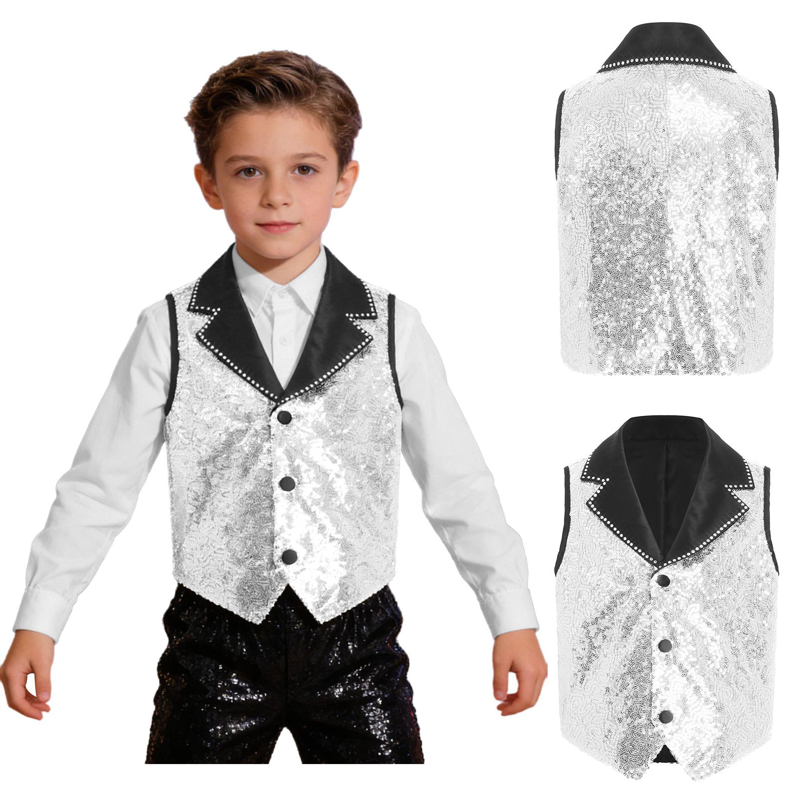 

Sparkling Sequin Vest for Kids Contrast Lapel Collar Sleeveless Asymmetrical Hem Top for Stage Performance Dance Costume 5-6 Years срібний