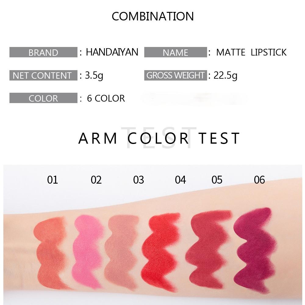 6 farger matt vanntett fløyelsleppestift Sexy rødbrune pigmenter Makeup Langvarig profesjonell leppestift