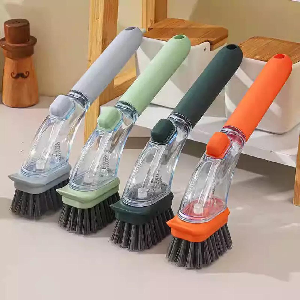Multi-functional Non-scratch Long Handle Pot Scrubbing Brush with Liquid Dispenser Orange Hard Brush Head Only