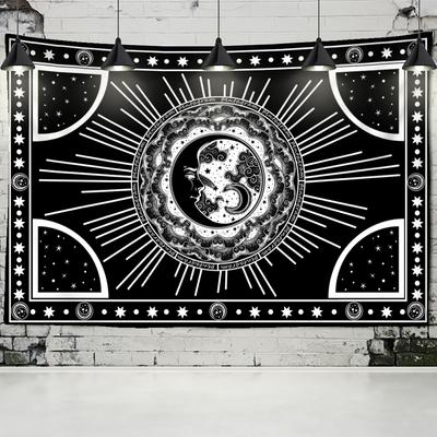 Tapeçaria de Sol, Lua e Estrelas, Ilusão Abstrata, Bruxaria, Impressão em Preto e Branco, Decoração de Dormitório Boêmio