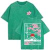 Summer Women Mount Fuji Cherry Blossoms Graphic Print Washed Cotton O Neck Oversized Short Sleeve Streetwear Loose Basic To