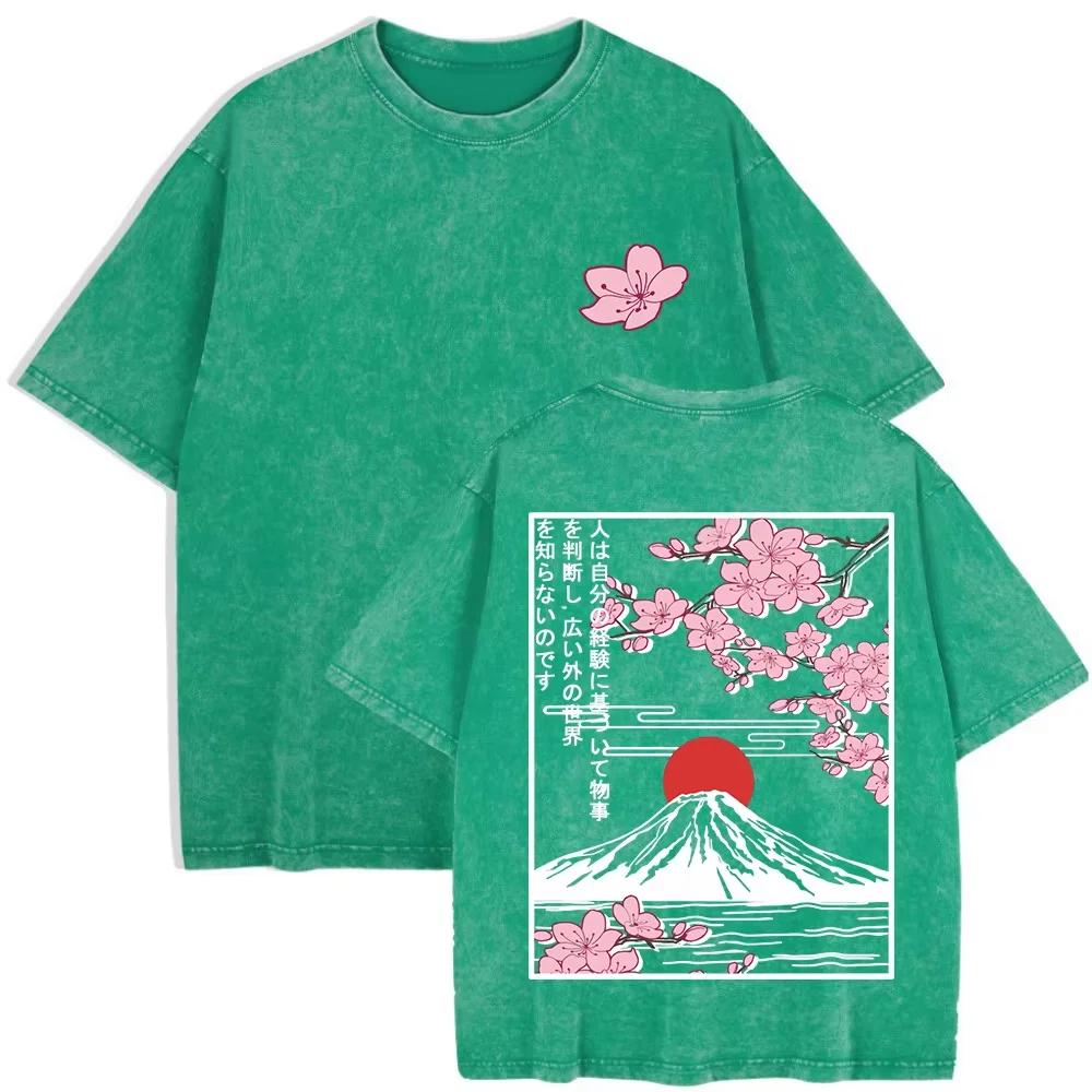 Summer Women Mount Fuji Cherry Blossoms Graphic Print Washed Cotton O Neck Oversized Short Sleeve Streetwear Loose Basic To